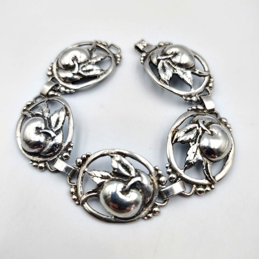 Guglielmo Cini Sterling Silver 925 Repousse Apple Panels Bracelet 7" Vintage